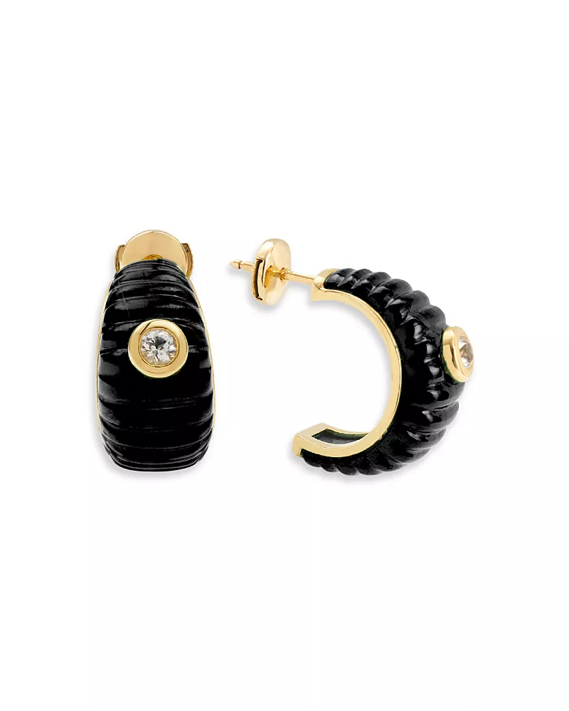 Yvonne Leon 9K Yellow Gold Paire de Creoles Berlingot Onyx & White Topaz Hoop Earrings