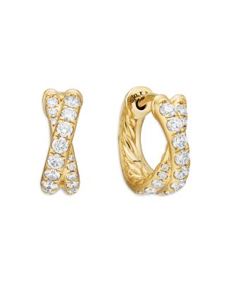 David Yurman - 18K Yellow Gold Diamond Pav&eacute; Crossover Huggie Hoop Earrings