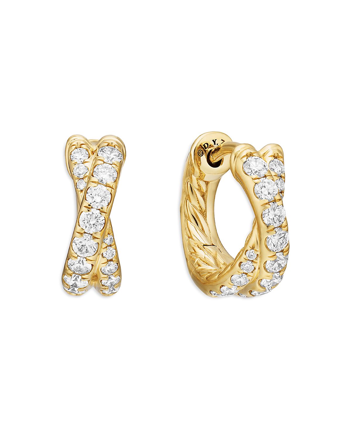 David Yurman 18K Yellow Gold Diamond Pave Crossover Huggie Hoop Earrings