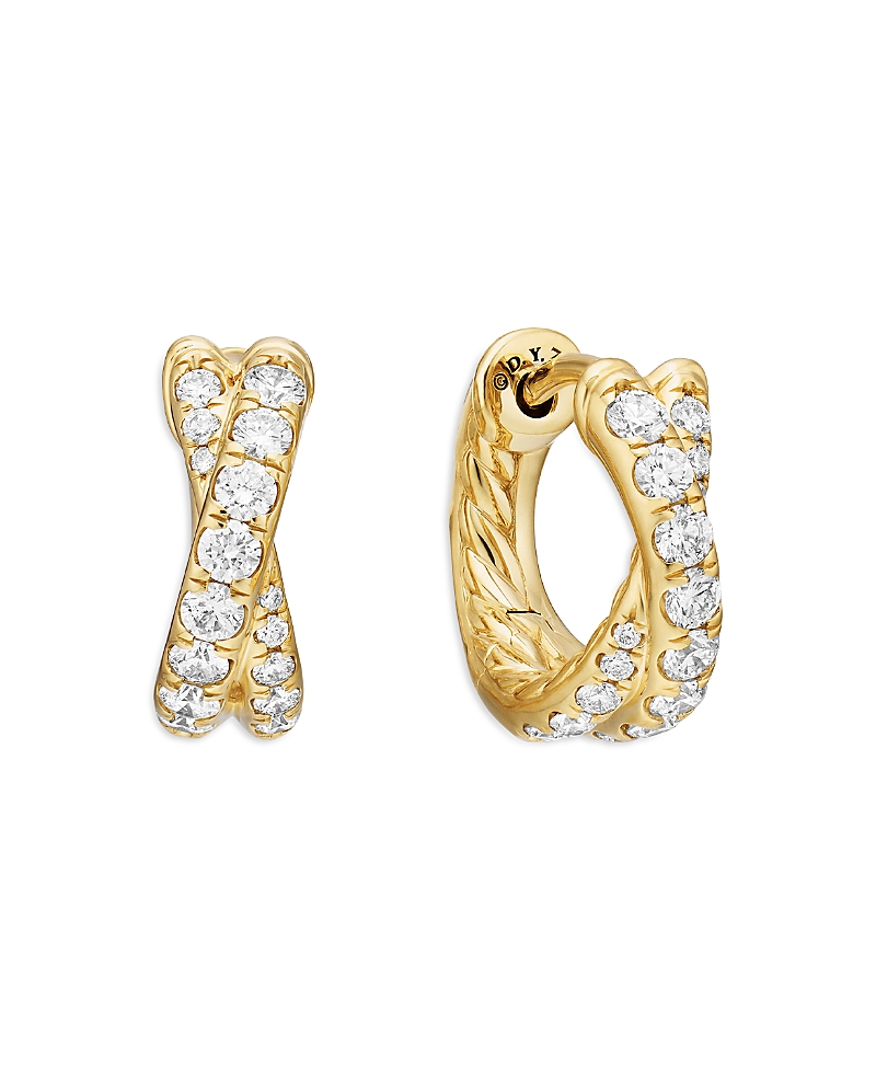 David Yurman 18K Yellow Gold Diamond Pave Crossover Huggie Hoop Earrings