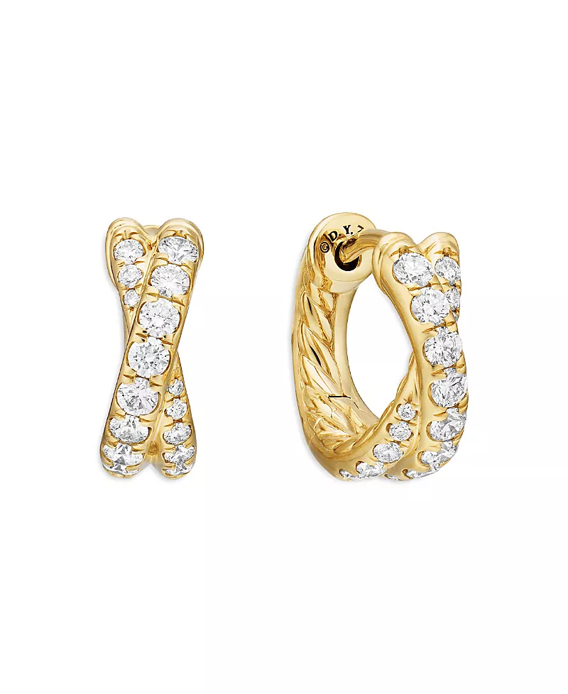 David Yurman 18K Yellow Gold Diamond Pave Crossover Huggie Hoop Earrings