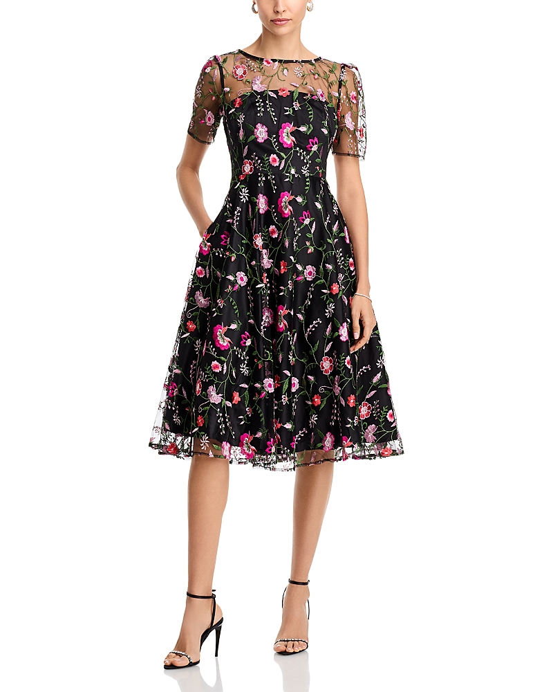 Eliza J Embroidered Illusion Neck Cocktail Midi Dress In Black Magenta