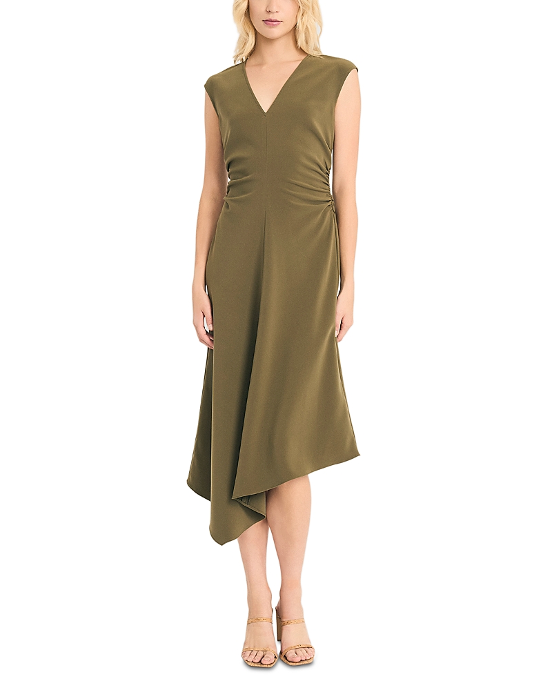 Luxely Asymmetric Ruched Midi Dress In Burnt Olive