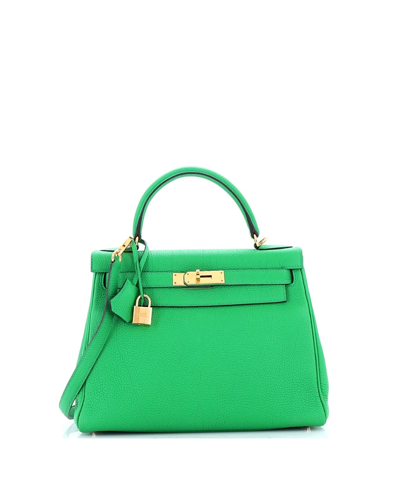 Pre-Owned Hermes Kelly 28 Handbag Green Togo with Gold Hardware