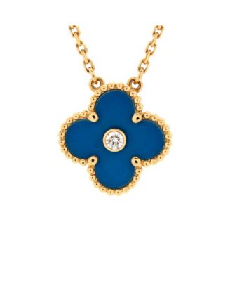 Pre-Owned Van Cleef & Arpels Vintage Alhambra Pendant Necklace 18K Gold and Blue Sevres Porcelain with Diamond