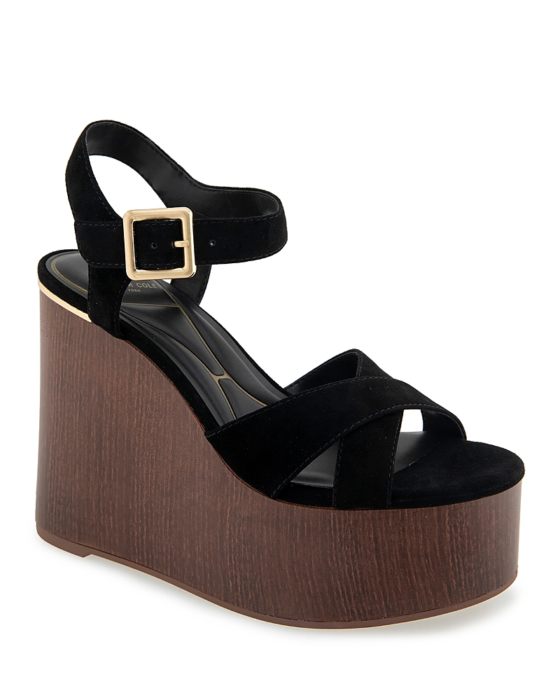 Kenneth Cole Taelyn Ankle Strap Platform Wedge Sandal In Black Suede