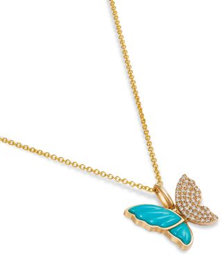 Turquoise & Diamond Butterfly Necklace in 14K Yellow Gold, 18"
