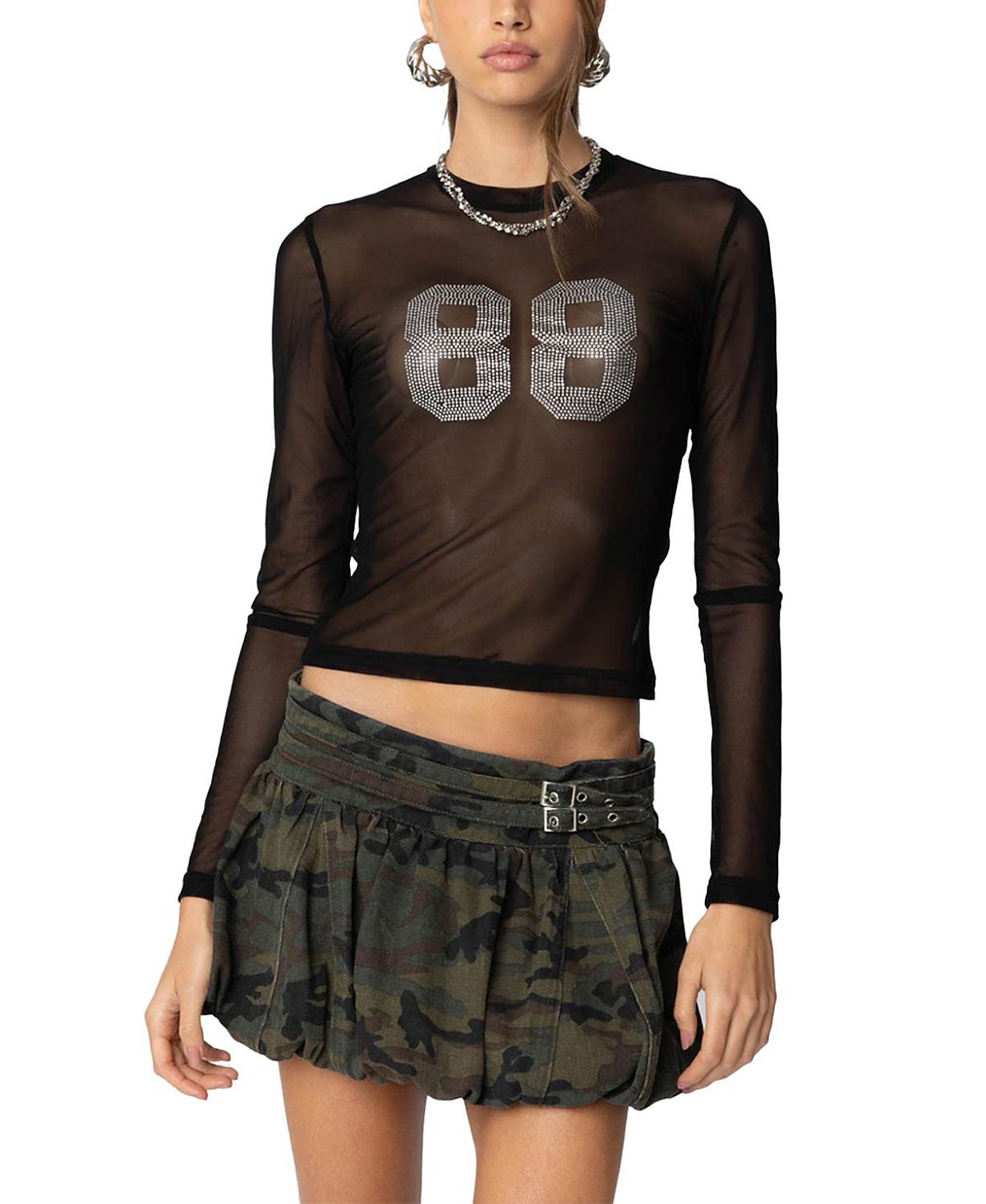 Edikted 88 Rhinestone Sheer Mesh Top