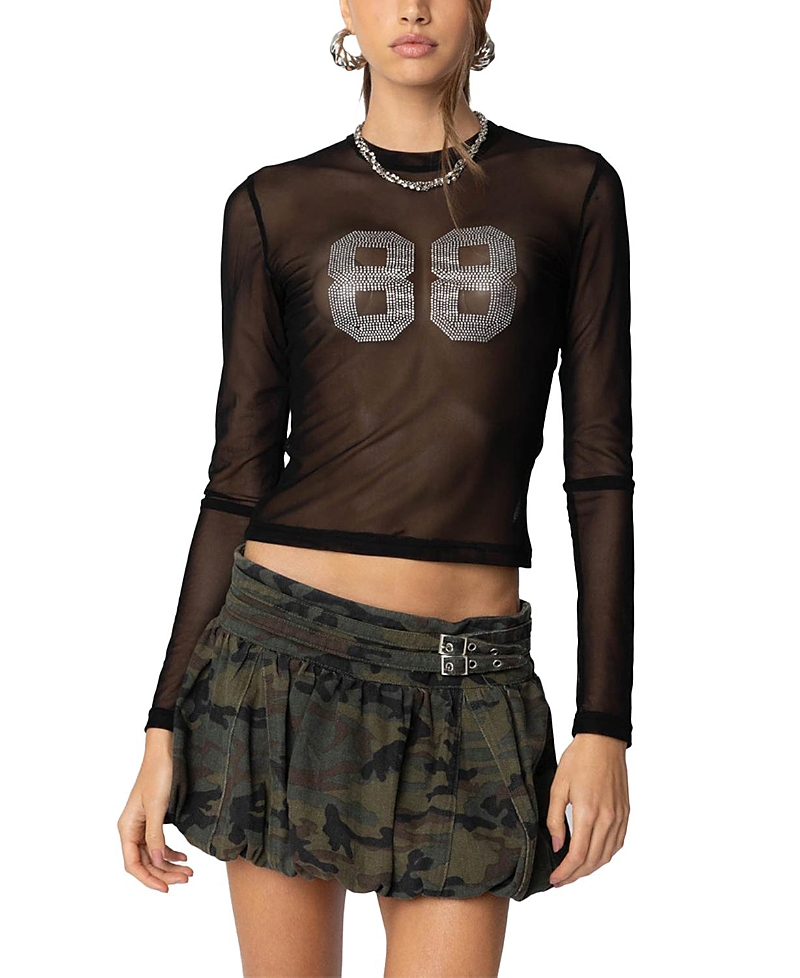 Edikted 88 Rhinestone Sheer Mesh Top In Black