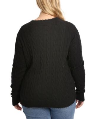 Plus size Cotton Frayed Cable Long Sleeve V Neck Sweater Top