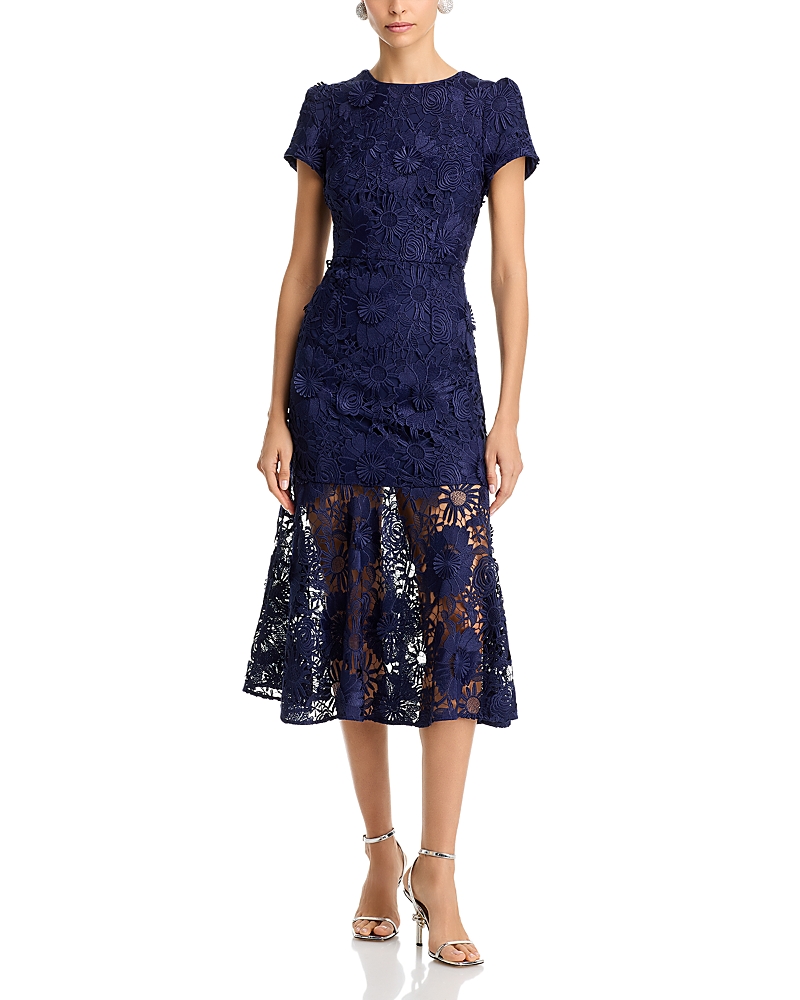 Shop Milly Tahlia Cady Lace Short Sleeve Midi Dress In Navy