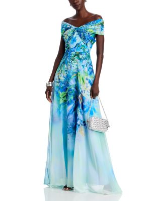 Chiffon Criss Cross Off-the-Shoulder Leaf Print Gown