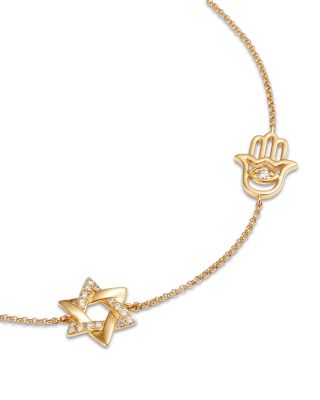 Diamond Hamsa Hand & Star of David Bracelet in 14K Yellow Gold, 0.15 tcw