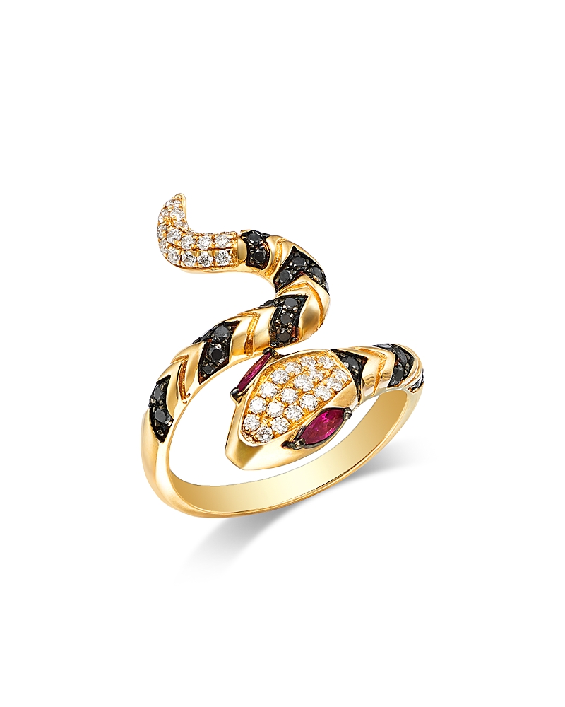 Bloomingdale's Fine Collection Ruby & Black & White Diamond Snake Bypass Ring In 14k Yellow Gold In Black/white