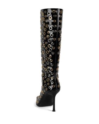 Women's Holey Pointed Toe Grommet Detail Tall High Heel Boots  