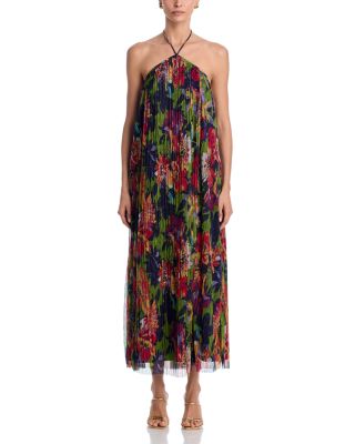Metallic Knit Pleat Floral Halter Midi Dress - Exclusive