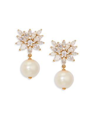 Nadri - Sav Cubic Zirconia Cluster & Cultured Freshwater Pearl Drop Earrings in 18K Gold Plated