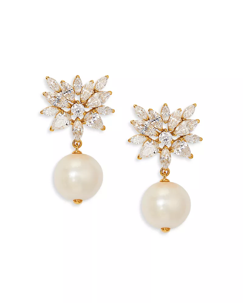 Nadri Sav Cubic Zirconia Cluster & Cultured Freshwater Pearl Drop Earrings in 18K Gold Plated