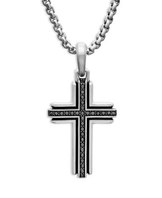Men's Deco Cross Pendant in Sterling Silver with Black Diamonds, 34mm