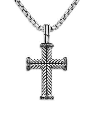 Men&#39;s Chevron Cross Pendant in Sterling Silver with Black Diamonds, 33.5mm