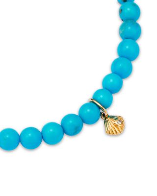 14K Yellow Gold Turquoise & Diamond Accent Tiny Clam Shell Stretch Bracelet