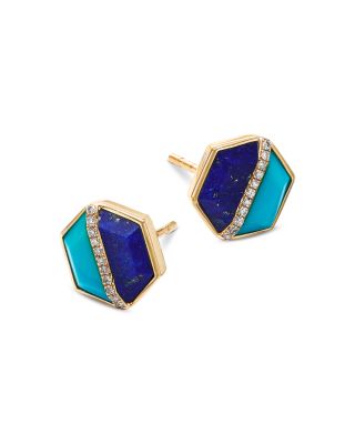 Lapis Lazuli, Turquoise & Diamond Stud Earrings in 14K Yellow Gold