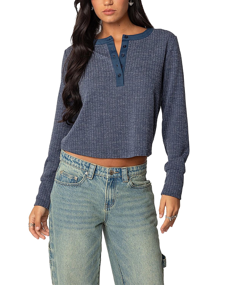 Edikted Ruth Waffle Knit Henley In Navy