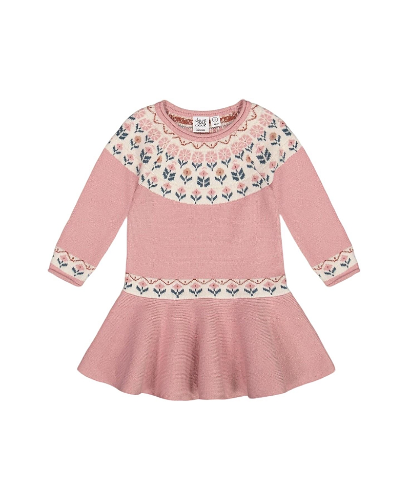 Deux Par Deux Girls' Knit Dress With Round Intarsia Flowers Light Pink - Baby In Rosette