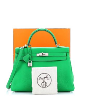 Kelly 32 Handbag Green Clemence with Palladium Hardware