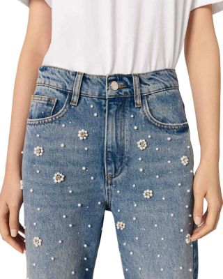 Embellished High Rise Wide Leg Jeans in Blue