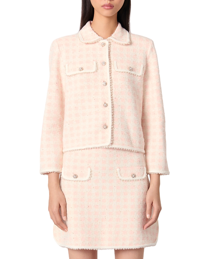 Maje Tweed Effect Knit Jacket In Pink/ecru