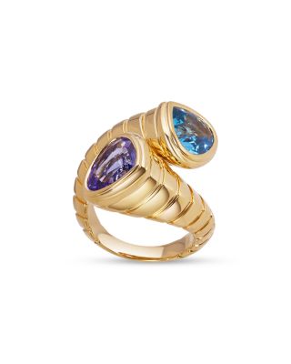 18K Yellow Gold Trisola Tanzanite & Blue Topaz Toi et Moi Ring