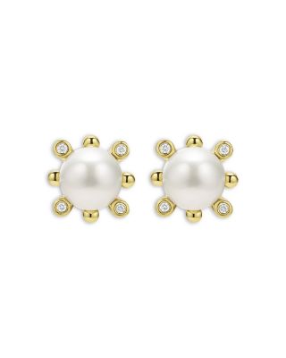 18K Yellow Gold Luna Cultured Pearl & Diamond Fleur Stud Earrings
