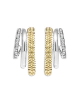Two Tone Caviar Lux Three Ring Diamond Hoop Earrings, 0.16 tcw