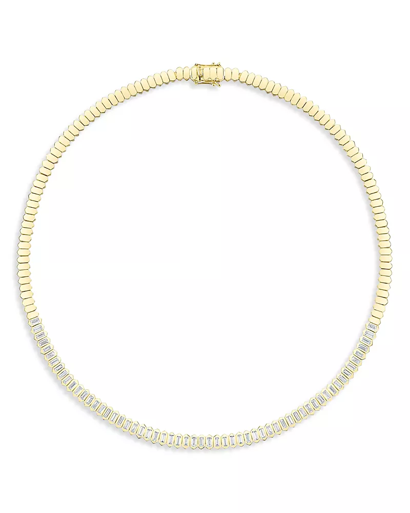 Shy Creation 14K Yellow Gold Bailey Diamond Baguette Tennis Necklace, 17