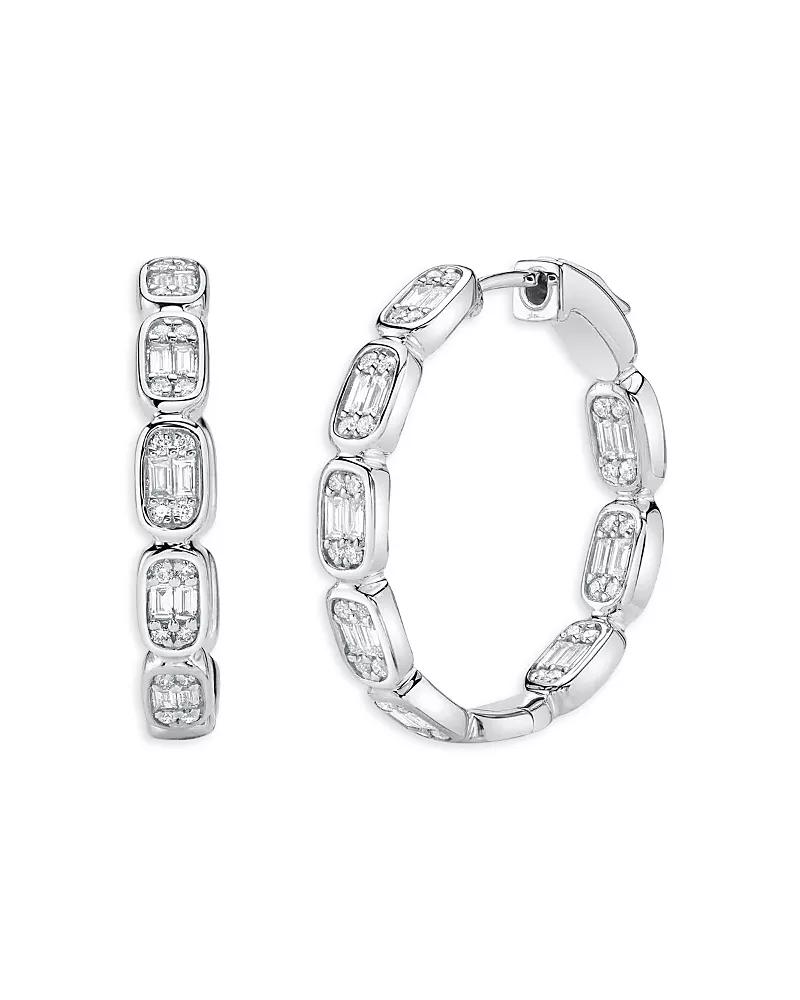 Shy Creation 14K White Gold Aleera Diamond Baguette & Round Cluster Small Hoop Earrings