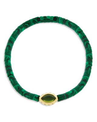 Men&#39;s 14K Yellow Gold Peridot Eye of the Idol Malachite Beaded Bracelet