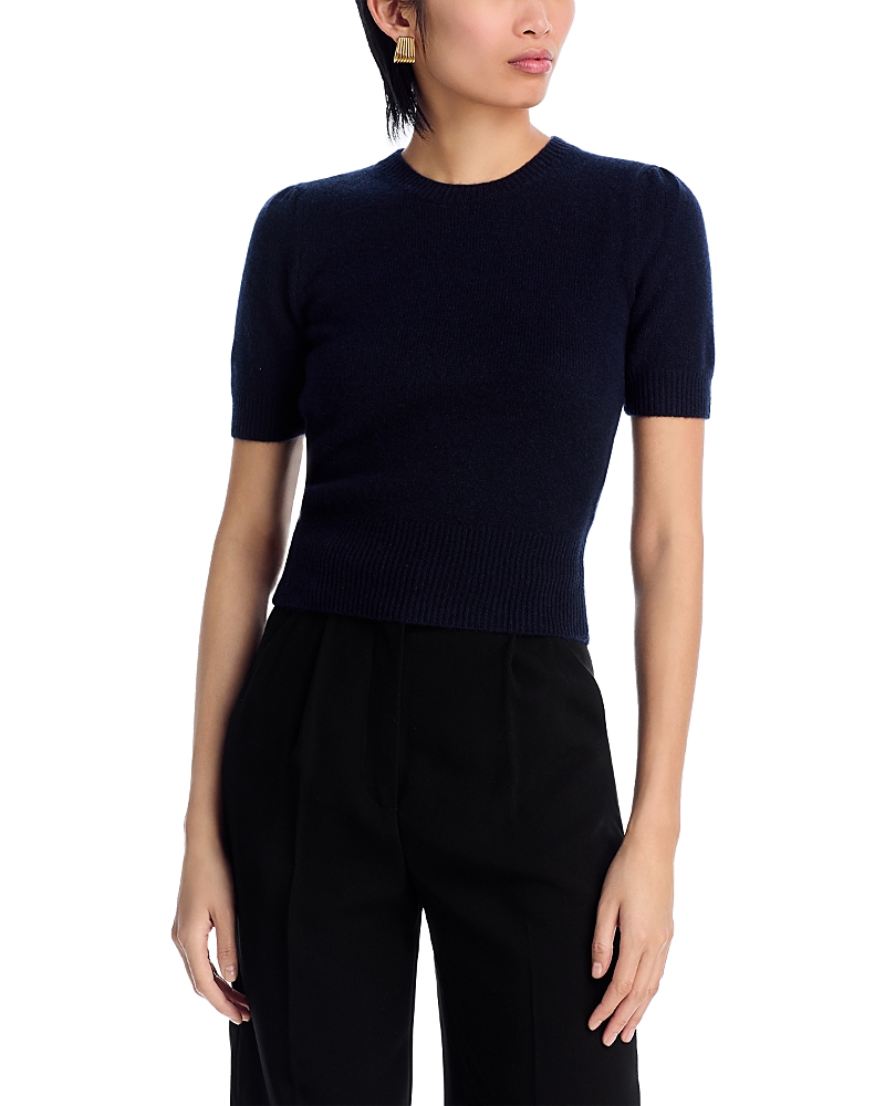 Shop Frame Gathered Short Sleeve Cashmere Sweater In Navy