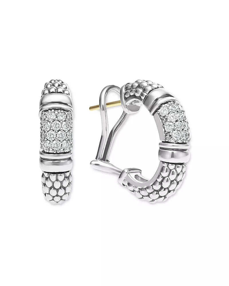 Lagos Sterling Silver Signature Caviar Diamond Bead Small Hoop Earrings