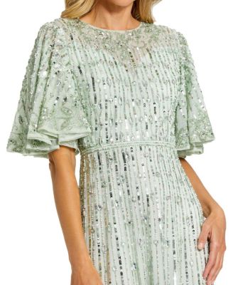  Sequined Flounce Sleeve Midi Dress