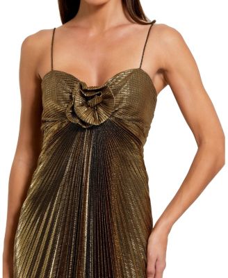 【Mac Duggal】3Dフラワーストラッププリーツメタリックガウン Mac Duggal Thin Strap Pleated Metallic Gown with 3D Flower