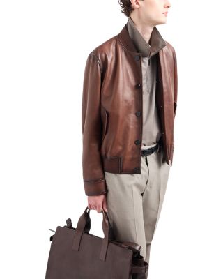 Regular Fit Button Front Leather Bomber Jacket