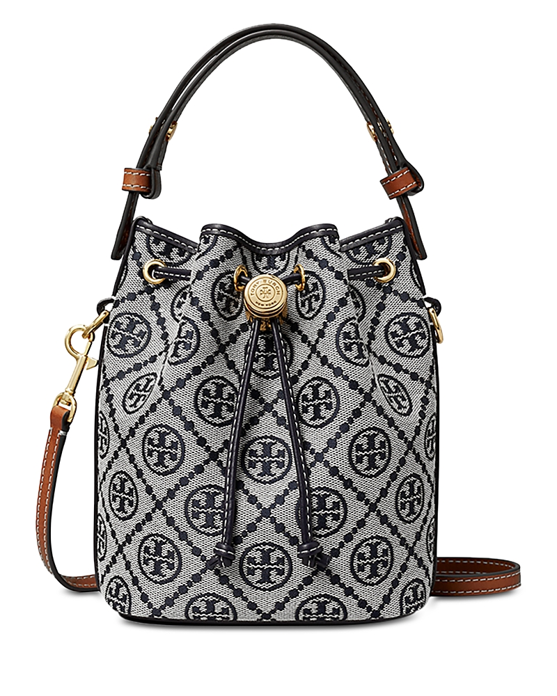 Tory Burch Mini T Monogram Jacquard Bucket Bag In Navy