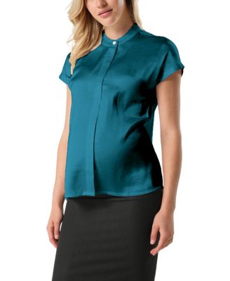 Women's Short Sleeve Satin Maternity Shell Top with Concealed Nursing Zip