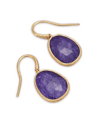 18K Yellow Gold Lunaria Color Charoite & Diamond Drop Earrings