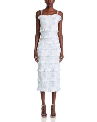 V. Chapman Lily Smocked Floral Print Ruffle Trim Midi Dress
