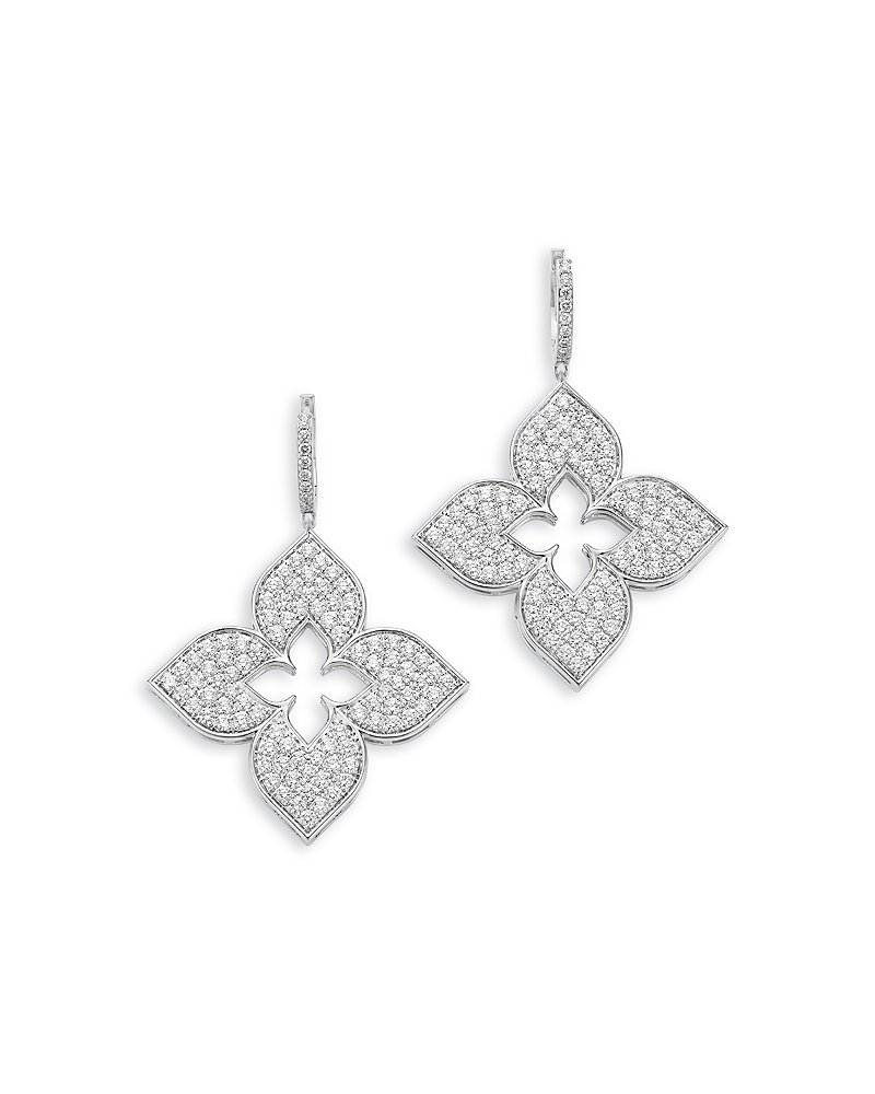 Roberto Coin 18k White Gold Venetian Princess Diamond Pave Quatrefoil Drop Earrings In White