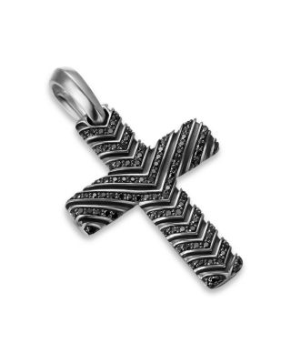 Men's Chevron Cross Pendant in Sterling Silver with Black Diamonds, 36mm