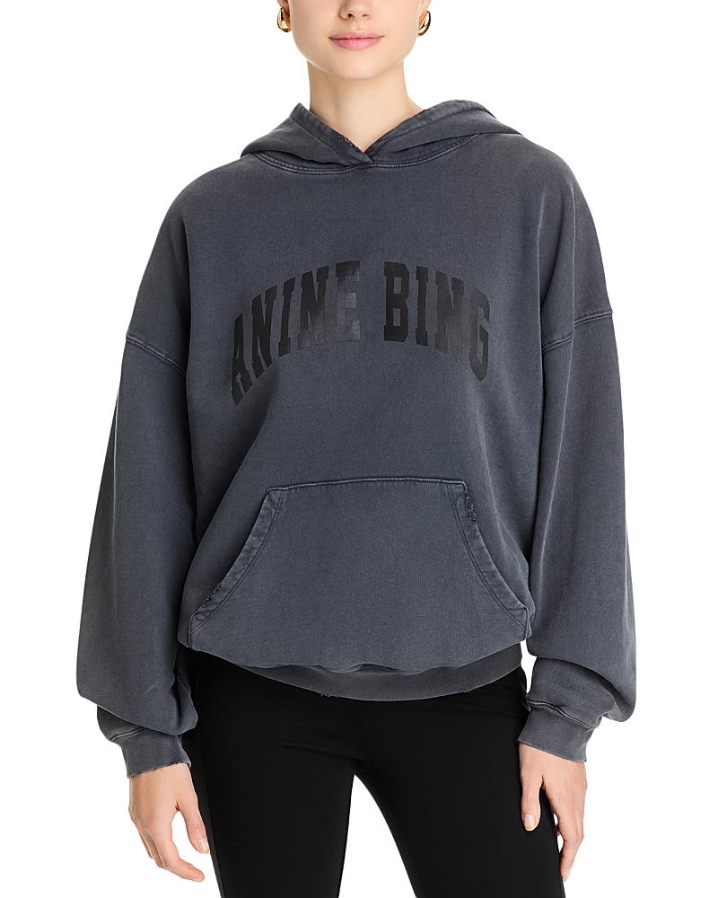 Anine Bing Harvey Logo-print Cotton Hoodie In Washed Black