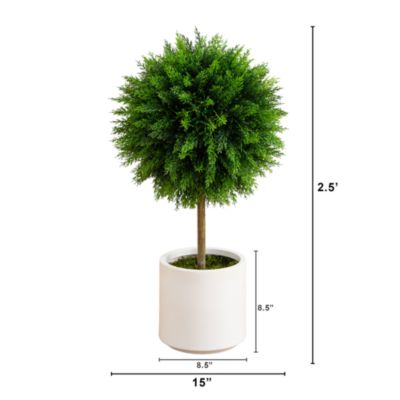2.5&#39; UV Resistant Artificial Cedar Ball Topiary Tree in White Decorative Planter (Indoor/Outdoor) Artificial Topiary